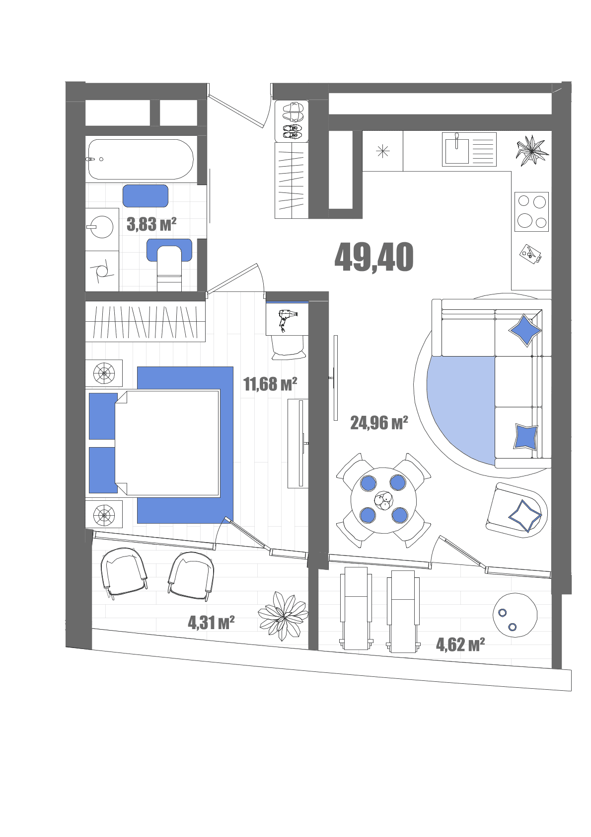1-к, 49.4 м² · Мойнако Резорт