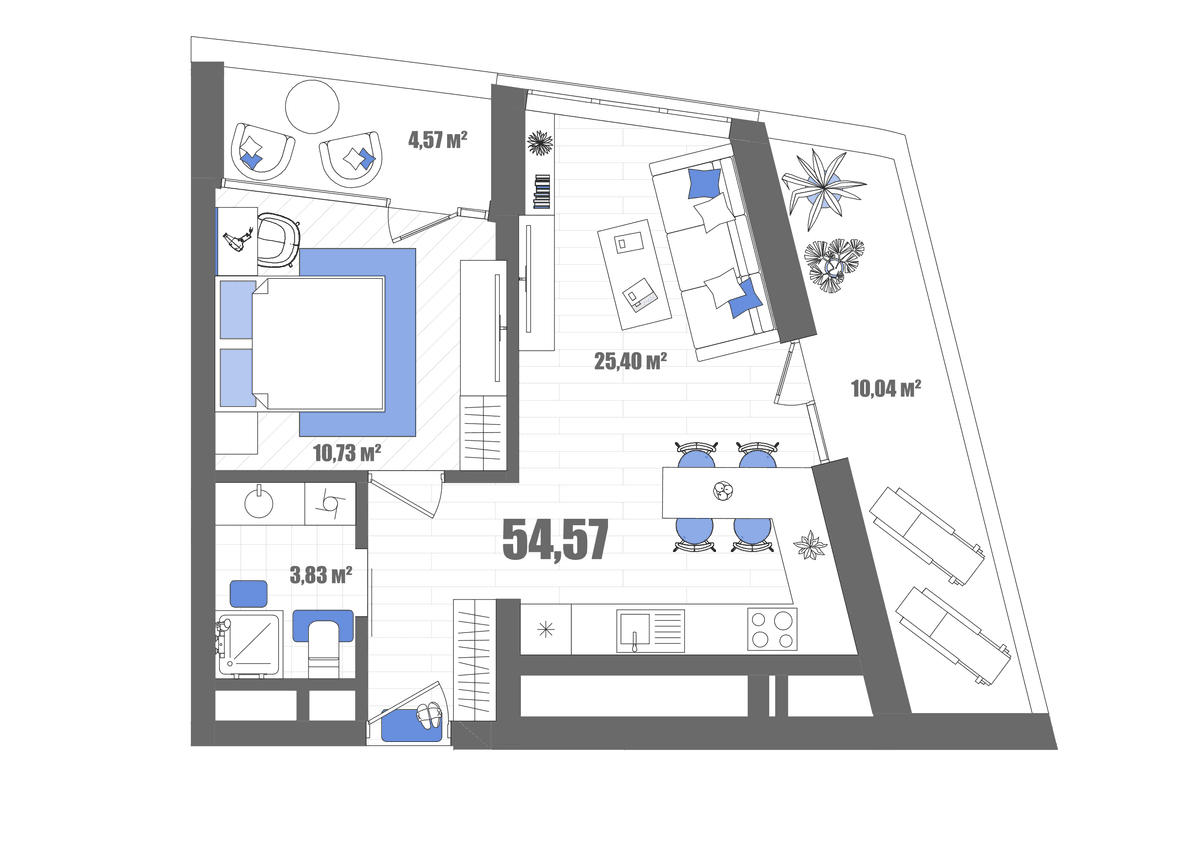1-к, 54.57 м² · Мойнако Резорт