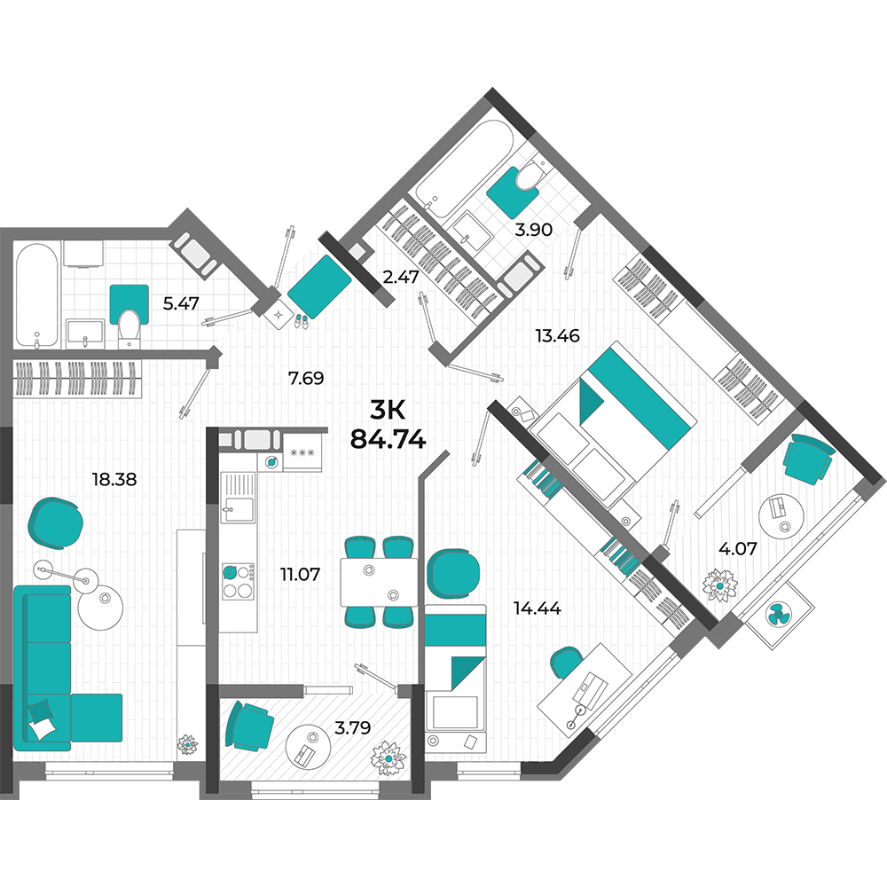 3-к, 84.74 м² · Мойнако Ривьера