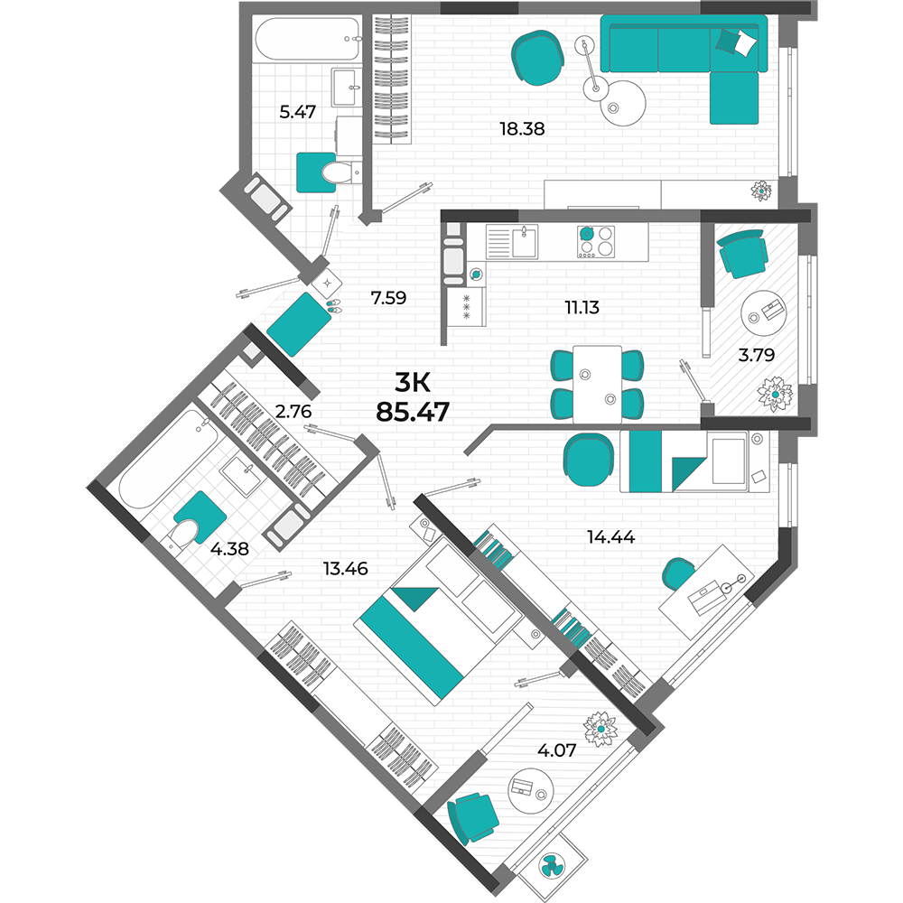 3-к, 85.47 м² · Мойнако Ривьера