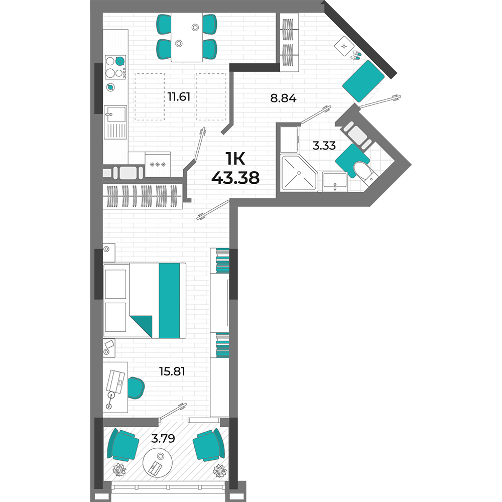 1-к, 43.38 м² · Мойнако Ривьера