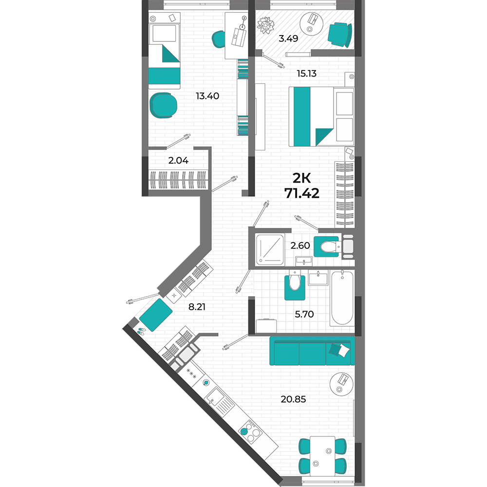 2-к, 71.42 м² · Мойнако Ривьера