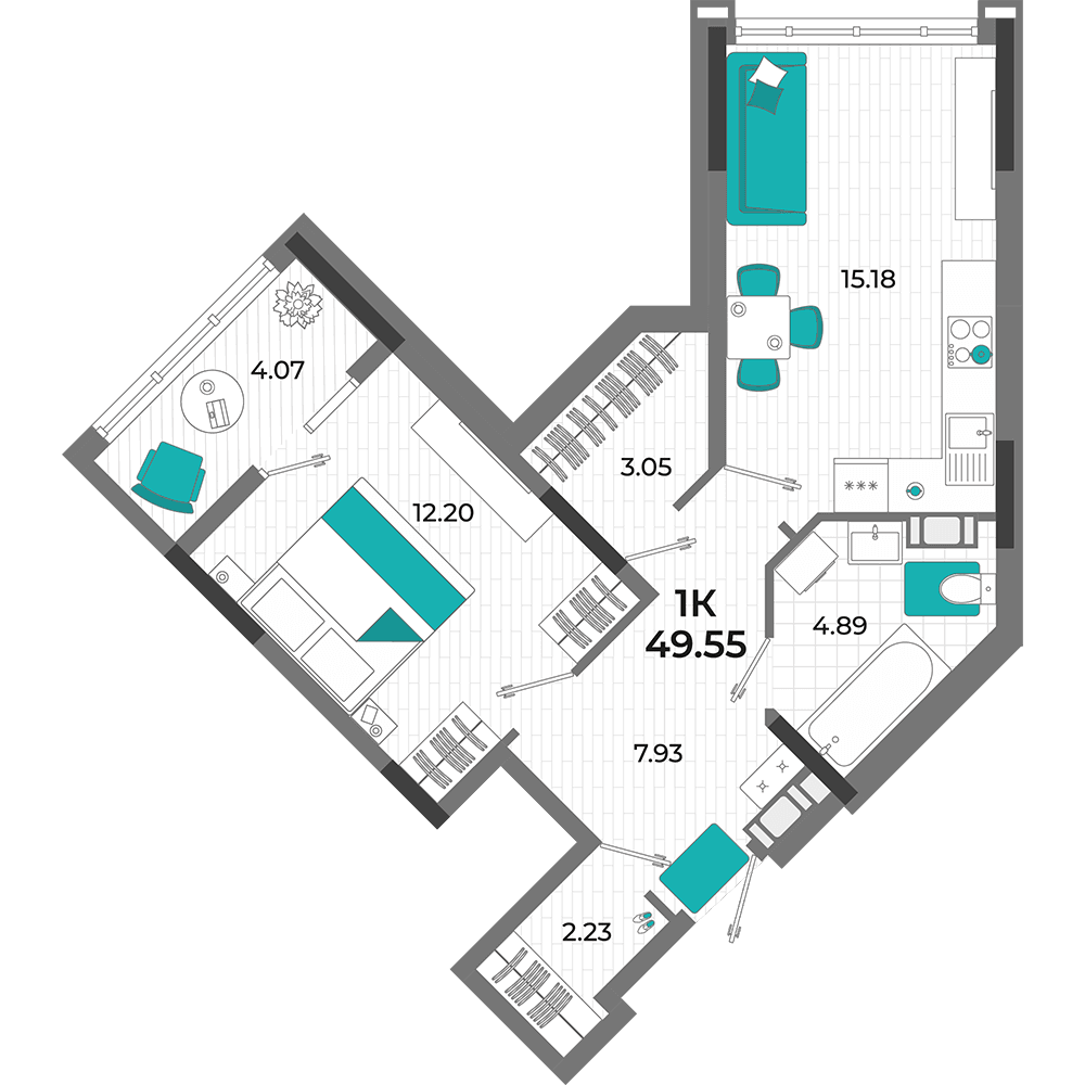1-к, 49.55 м² · Мойнако Ривьера