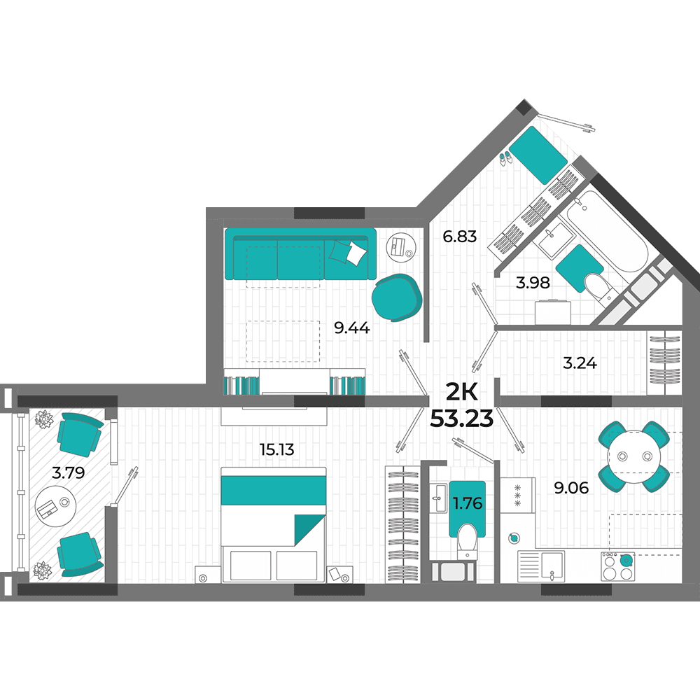 2-к, 53.23 м² · Мойнако Ривьера