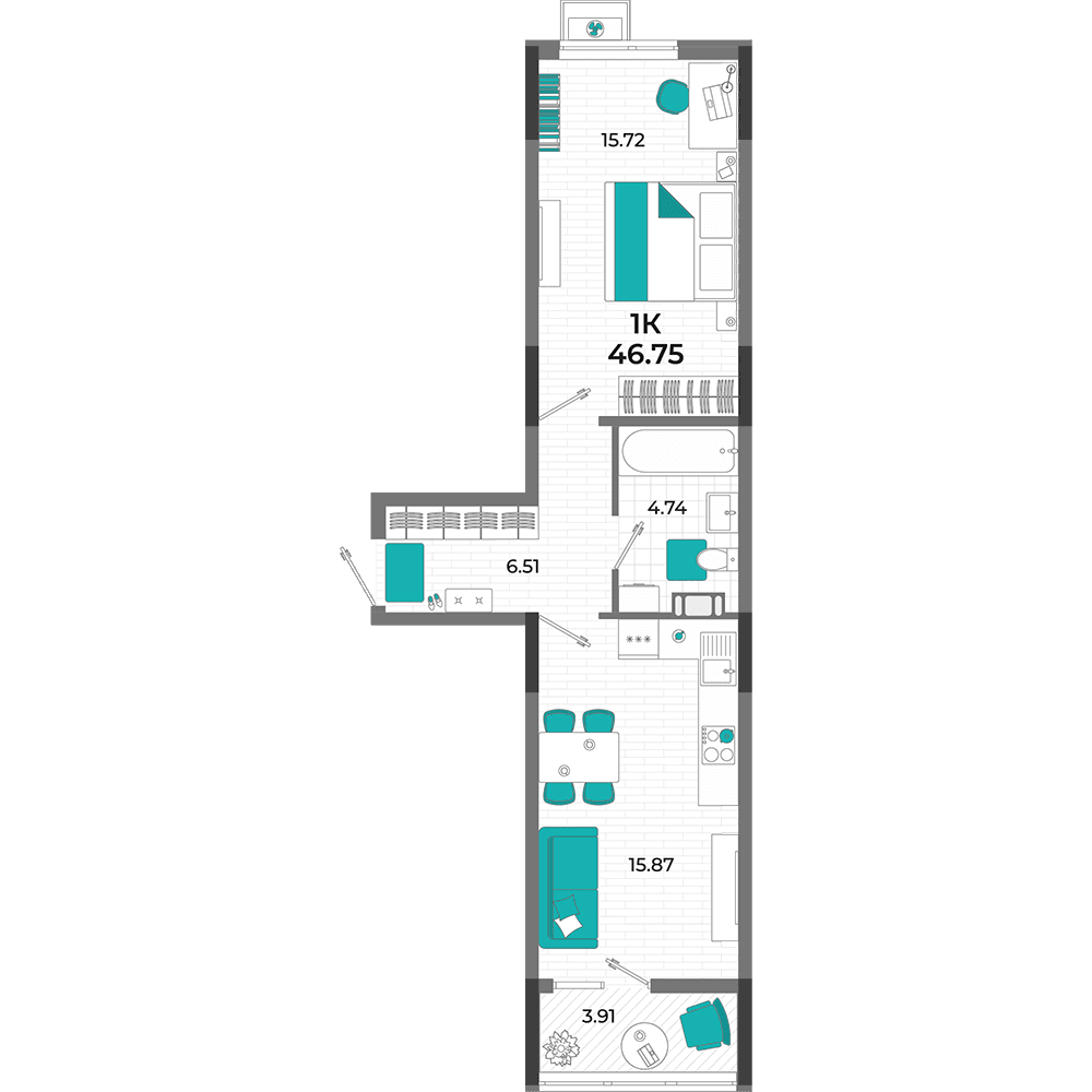 1-к, 46.75 м² · Мойнако Ривьера