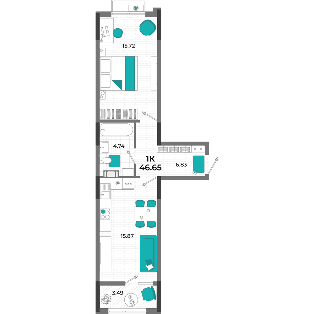 1-к, 46.65 м² · Мойнако Ривьера