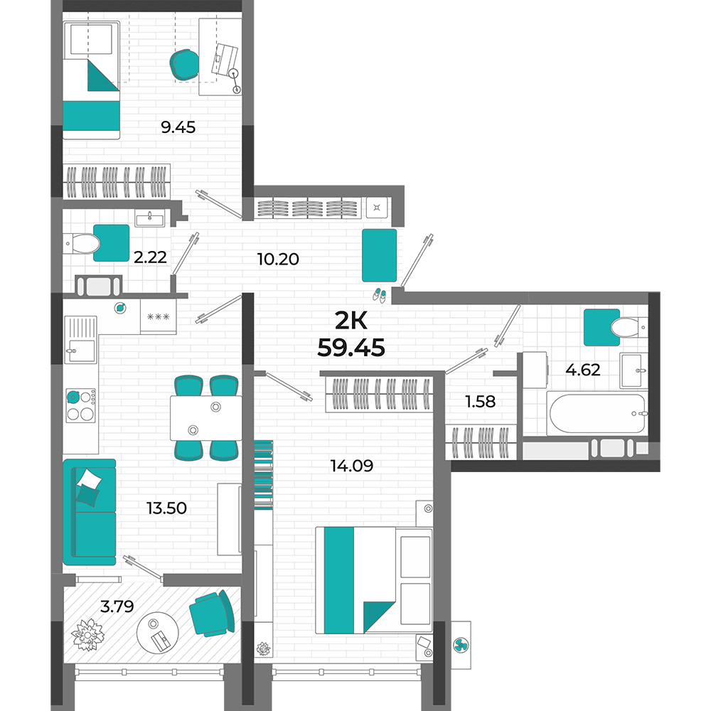 2-к, 59.45 м² · Мойнако Ривьера