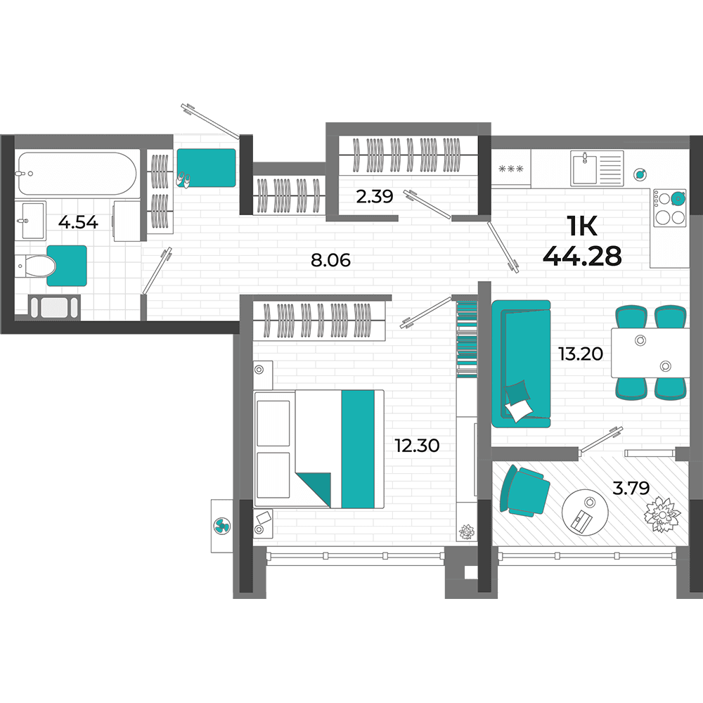 1-к, 44.28 м² · Мойнако Ривьера