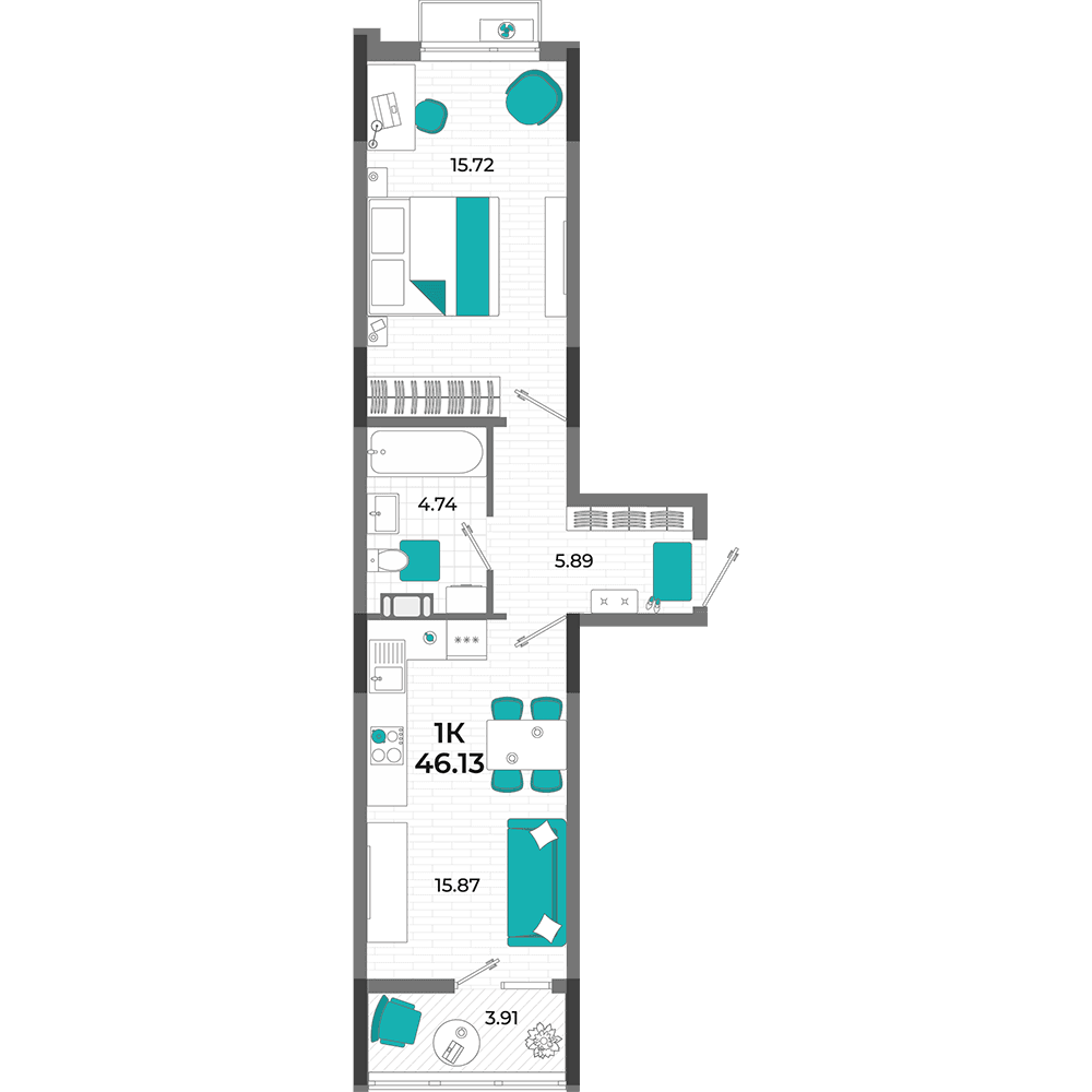 1-к, 46.13 м² · Мойнако Ривьера