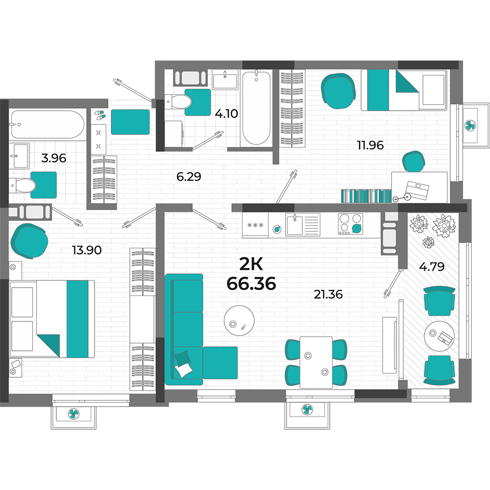 2-к, 66.36 м² · Мойнако Ривьера