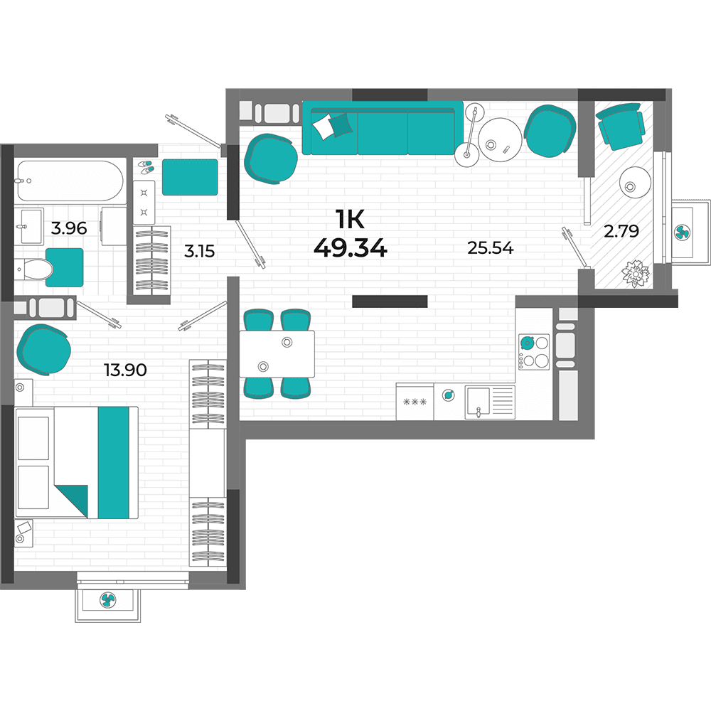 1-к, 49.34 м² · Мойнако Ривьера