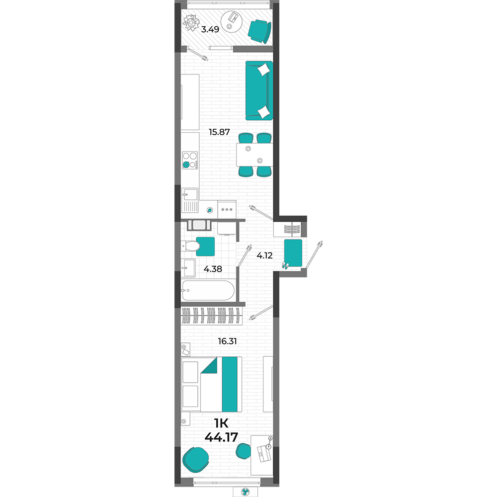 1-к, 44.17 м² · Мойнако Ривьера