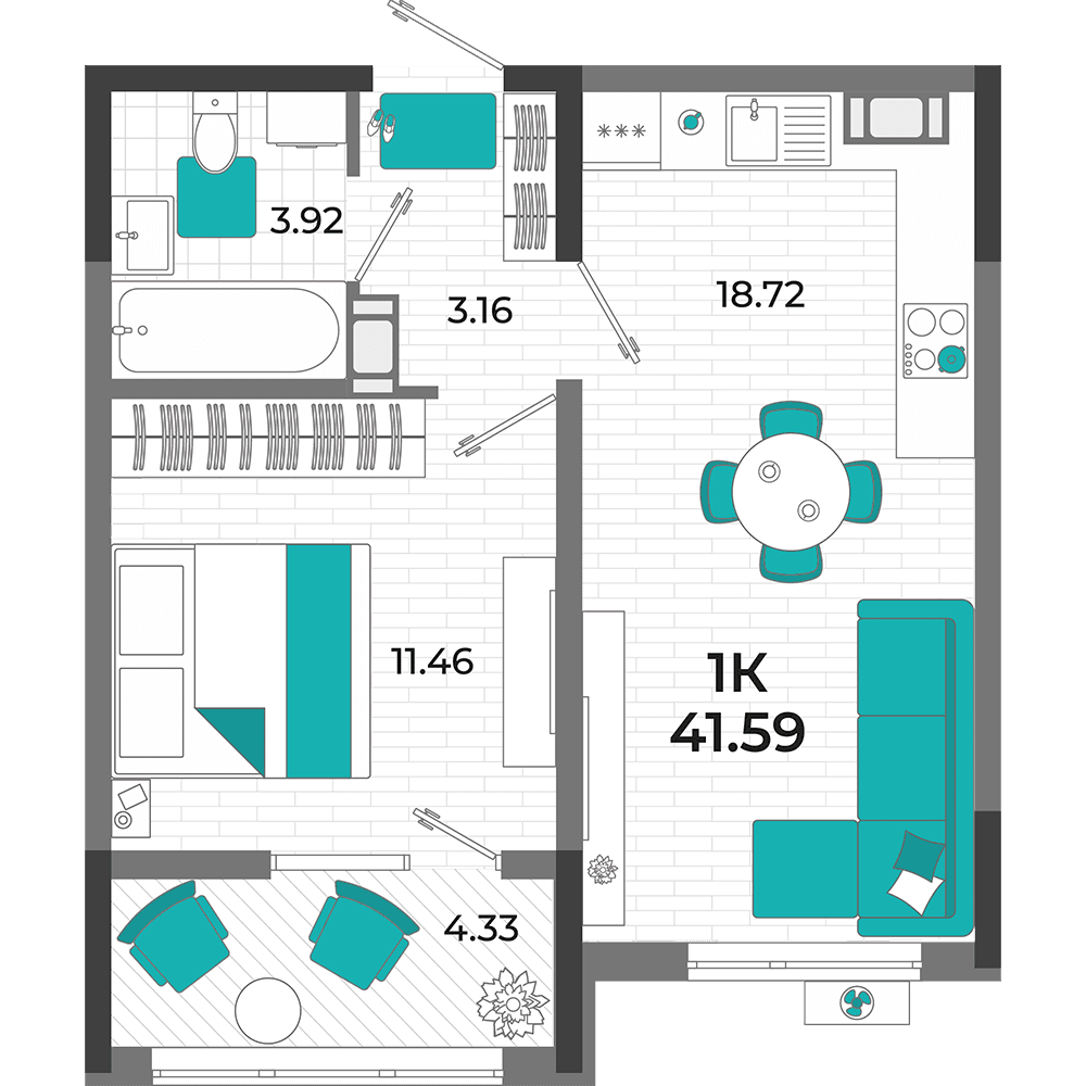 1-к, 41.59 м² · Мойнако Ривьера