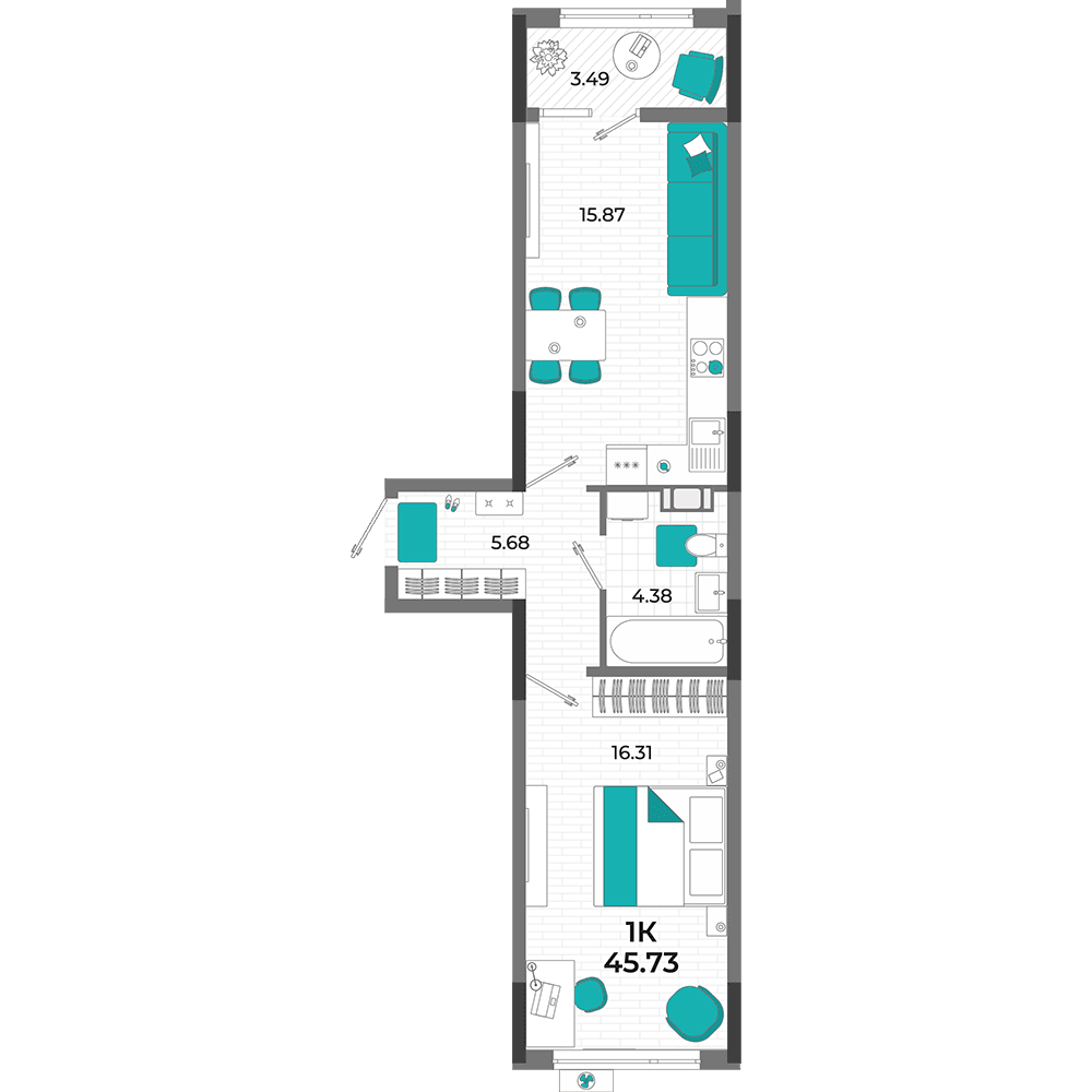 1-к, 45.73 м² · Мойнако Ривьера