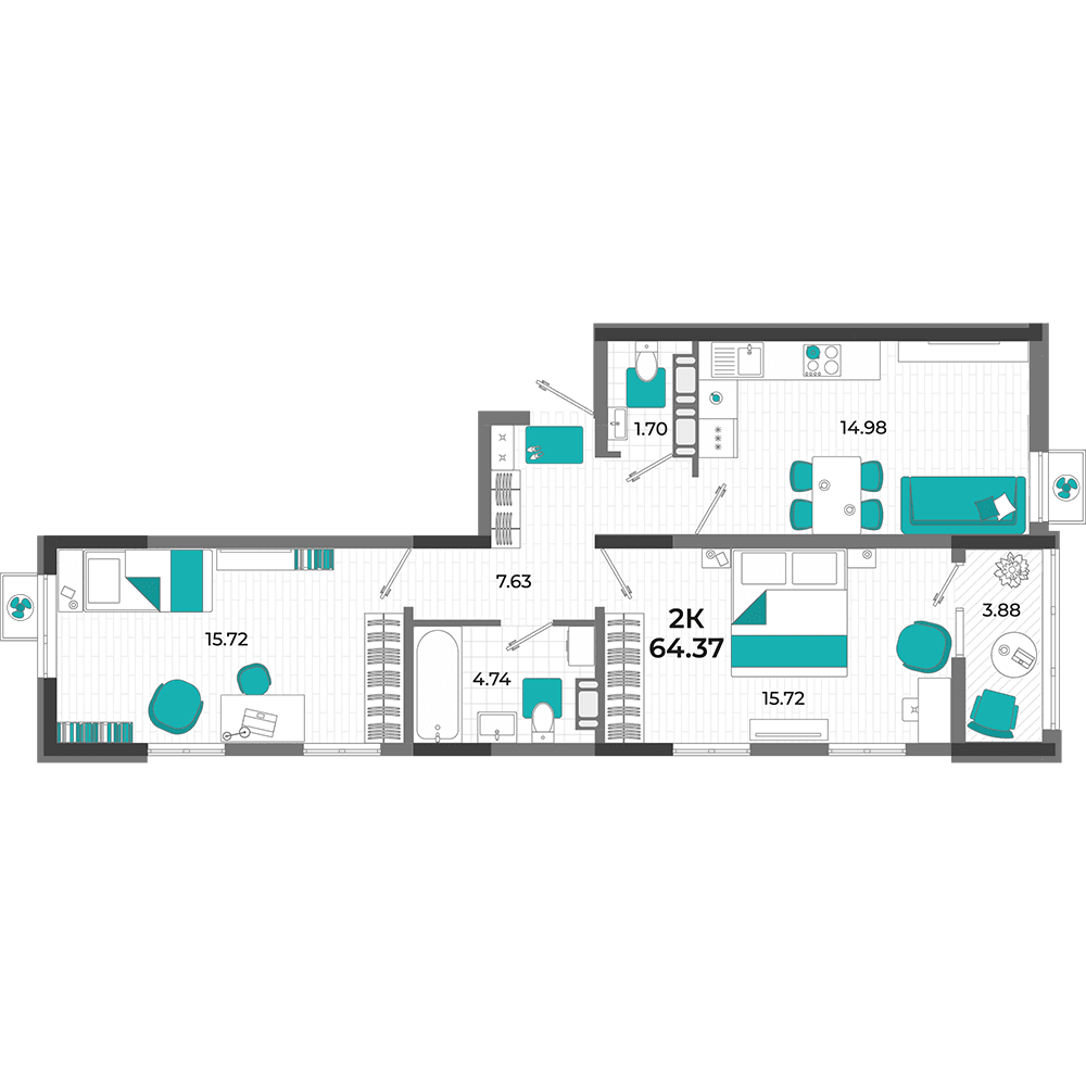 2-к, 64.37 м² · Мойнако Ривьера