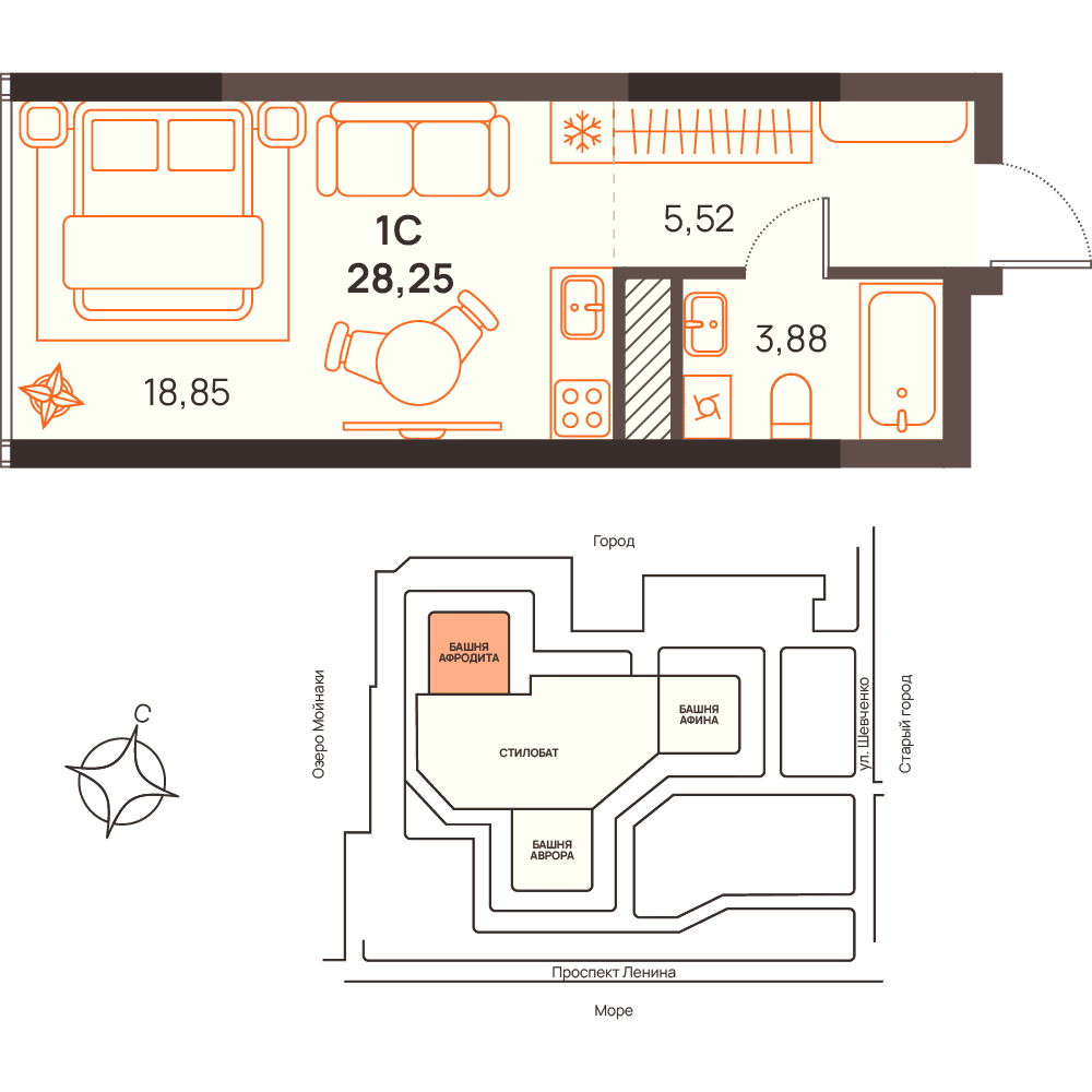 Студия, 28.25 м² · Западный Проспект 82