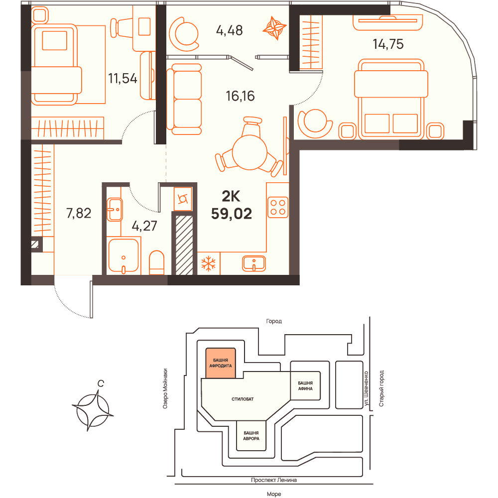 2-к, 59.02 м² · Западный Проспект 82