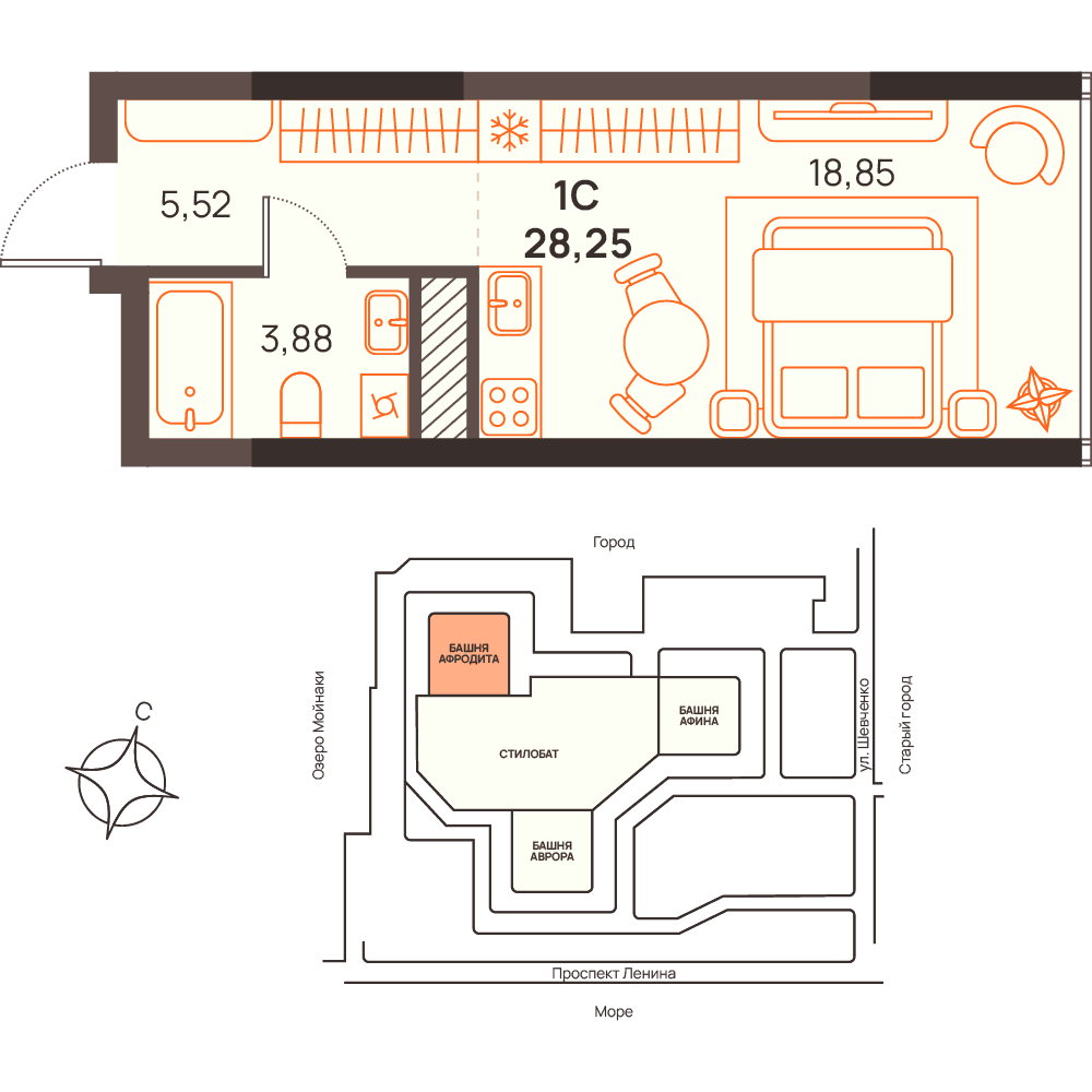 Студия, 28.25 м² · Западный Проспект 82
