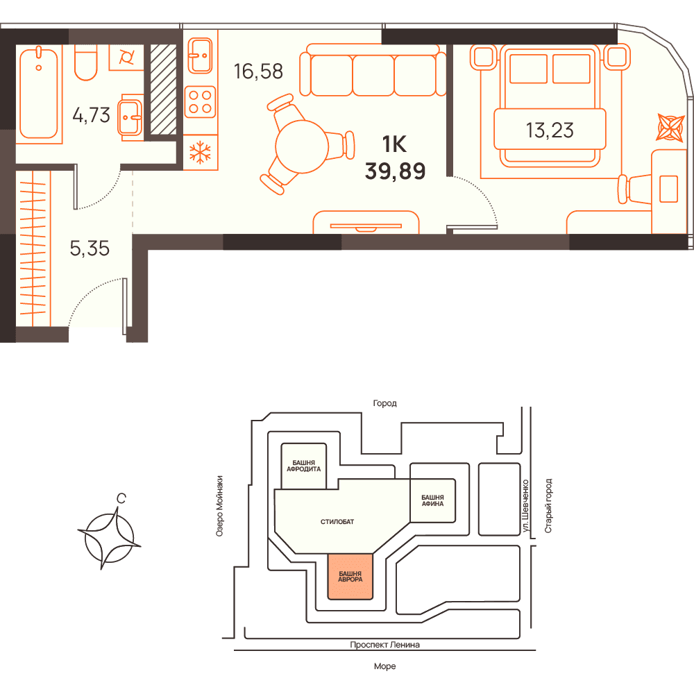 1-к, 39.89 м² · Западный Проспект 82