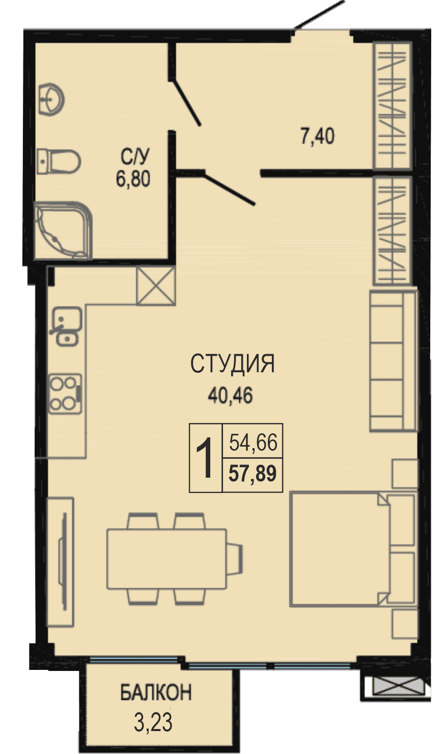 Студия, 59.5 м² · Акватория