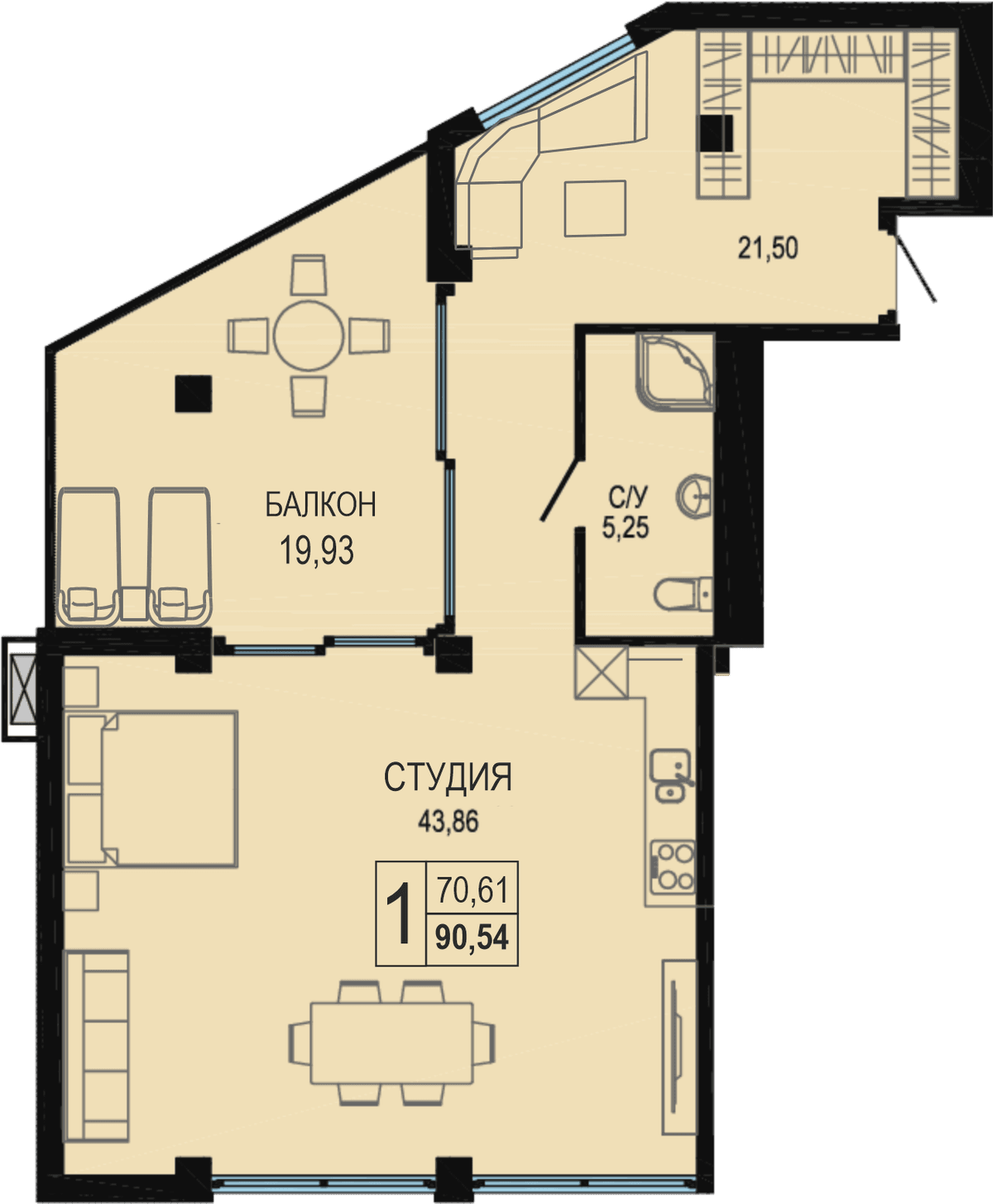 Студия, 90.5 м² · Акватория