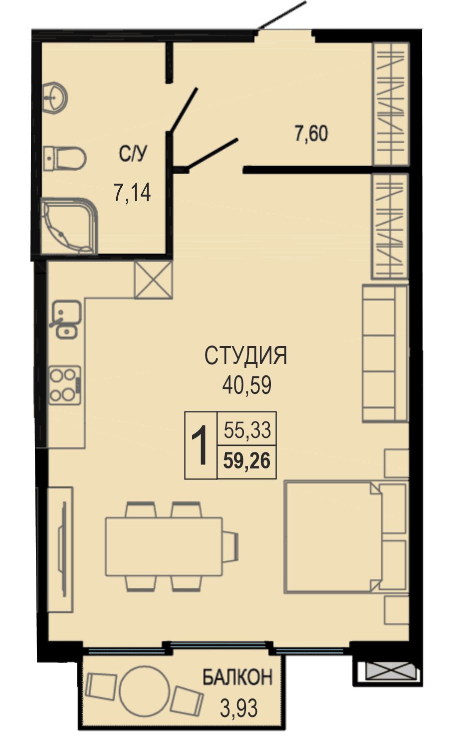 Студия, 59.3 м² · Акватория