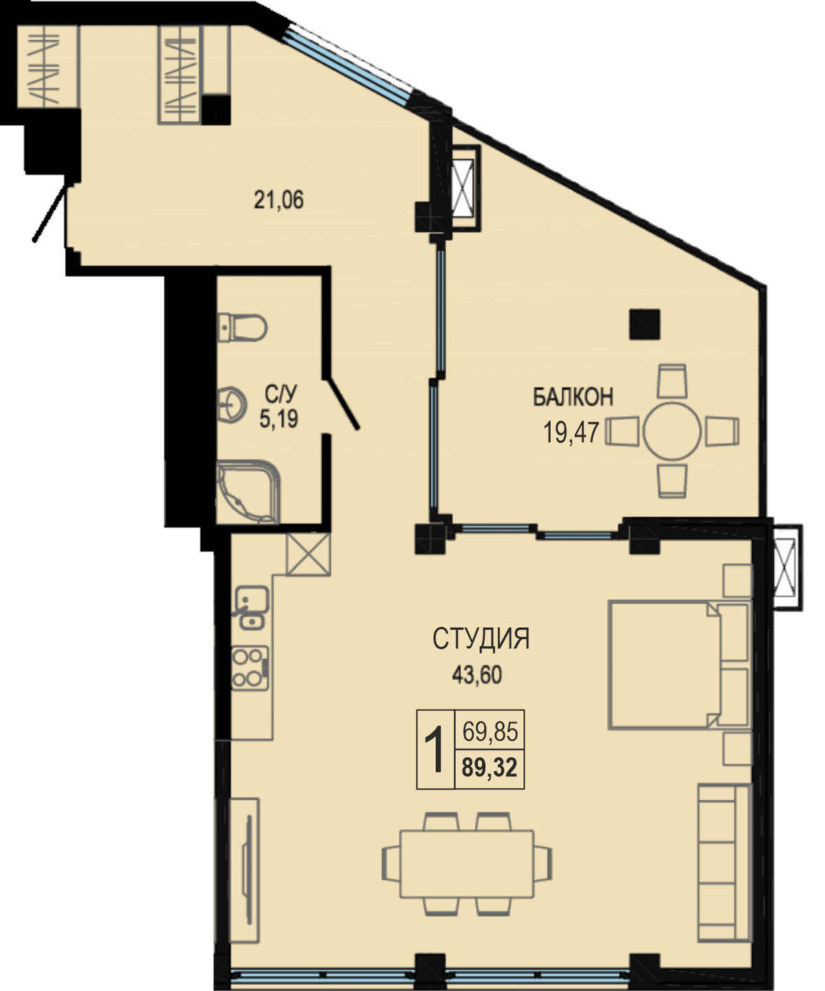 Студия, 90.7 м² · Акватория