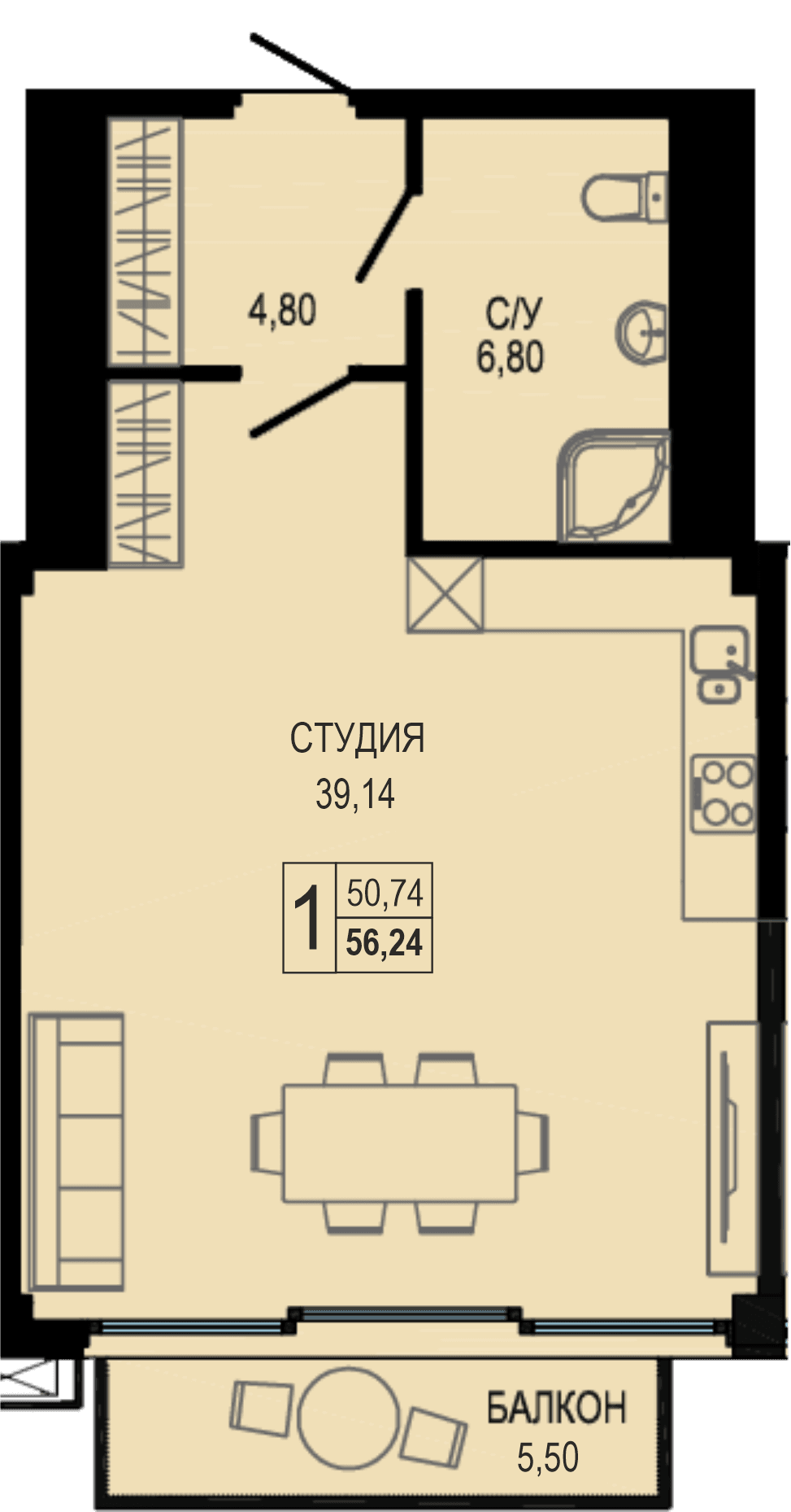 Студия, 56.6 м² · Акватория