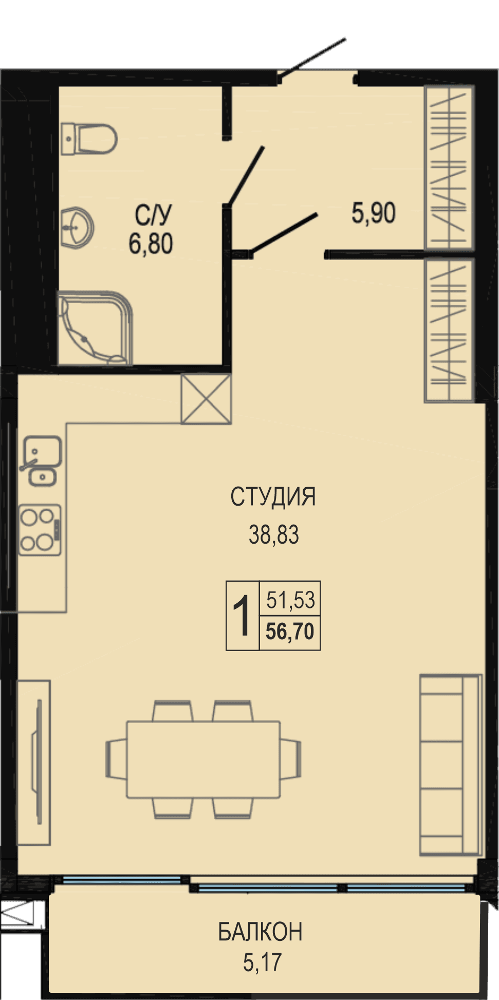 Студия, 58 м² · Акватория