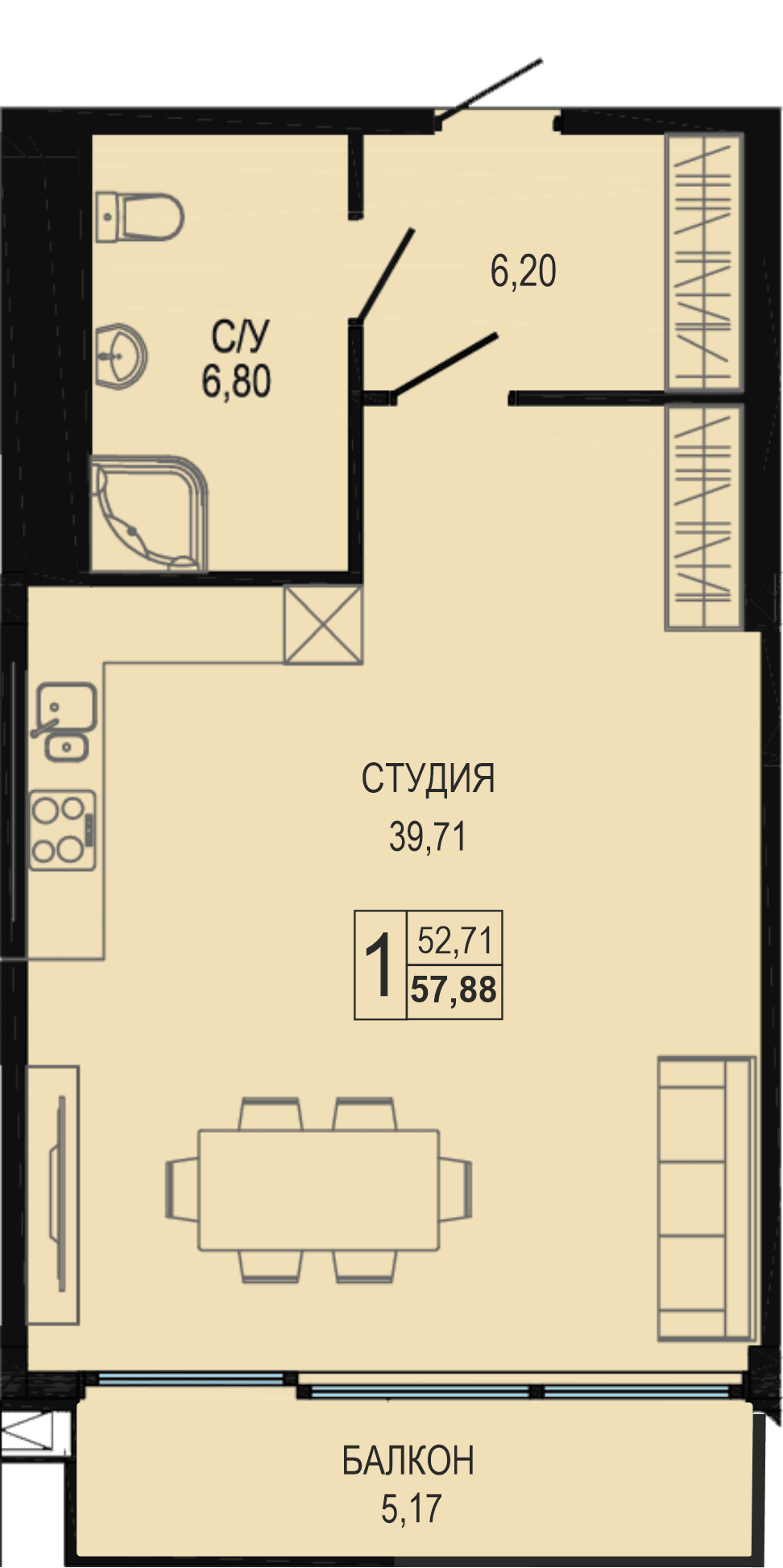 Студия, 57.1 м² · Акватория