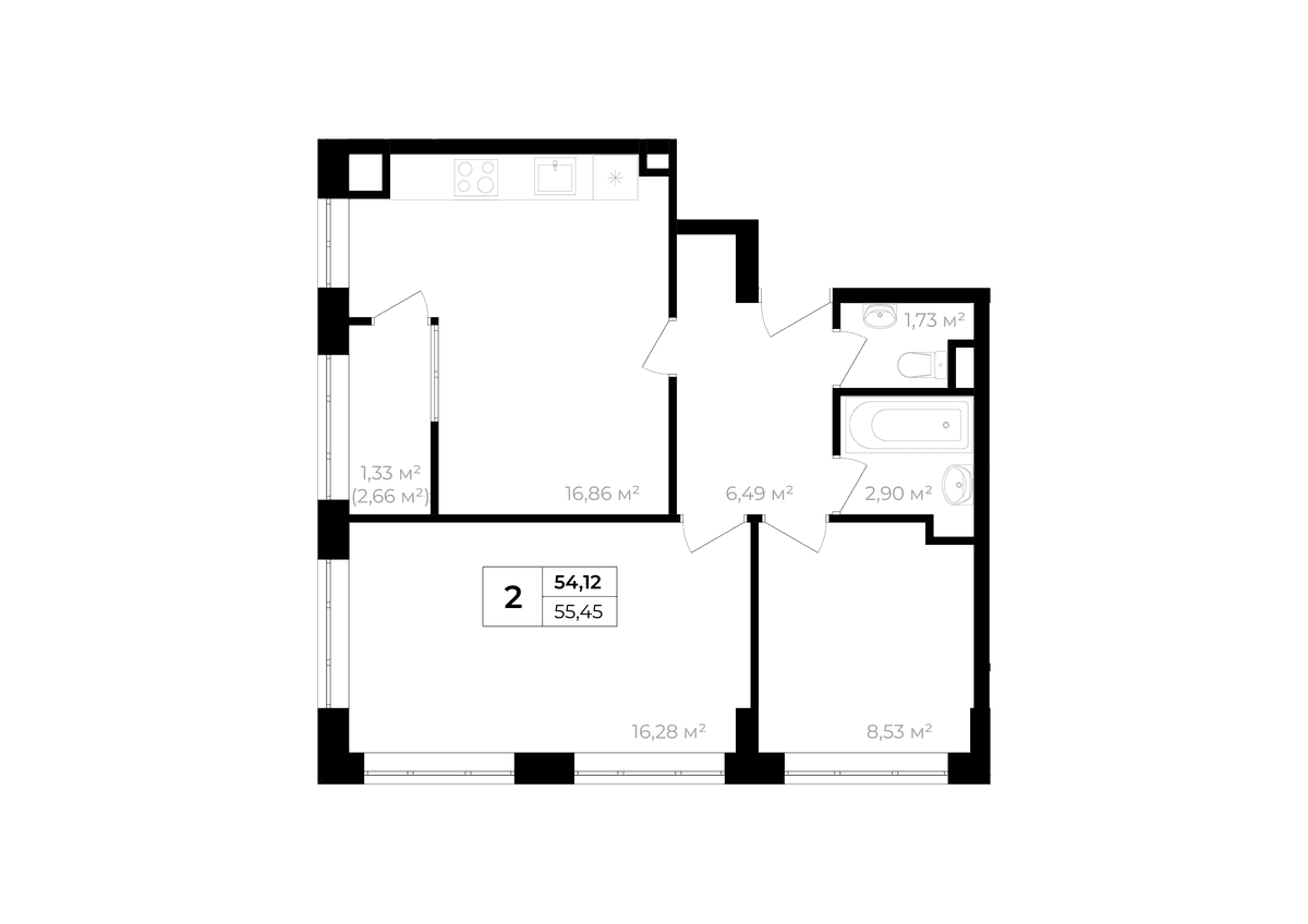 2-к, 54.12 м² · Солнечный