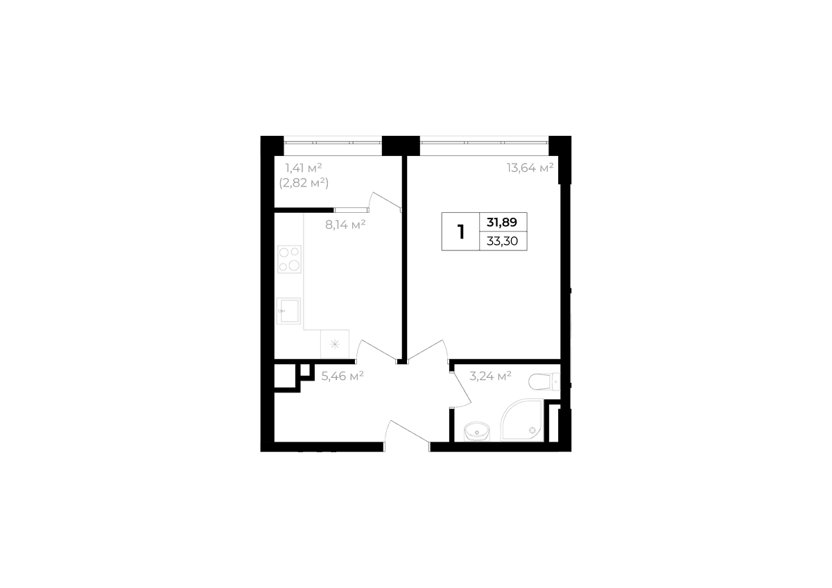 1-к, 31.89 м² · Солнечный