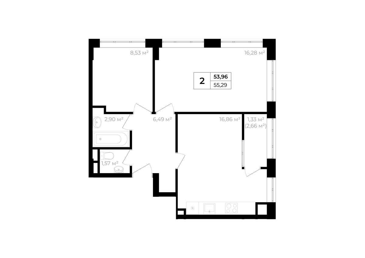 2-к, 53.96 м² · Солнечный