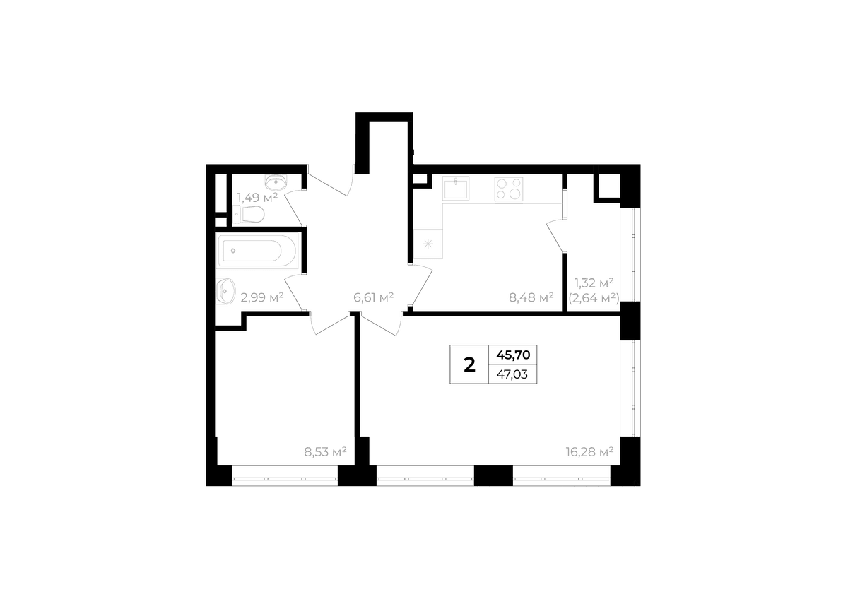 2-к, 45.7 м² · Солнечный