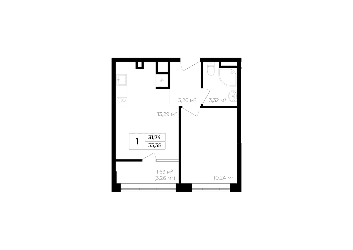 1-к, 31.74 м² · Солнечный