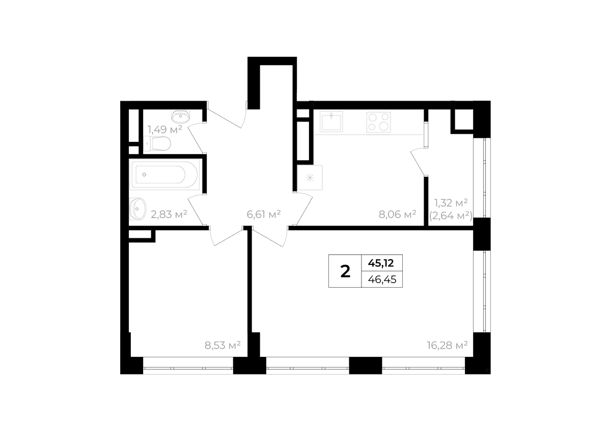 2-к, 45.12 м² · Солнечный