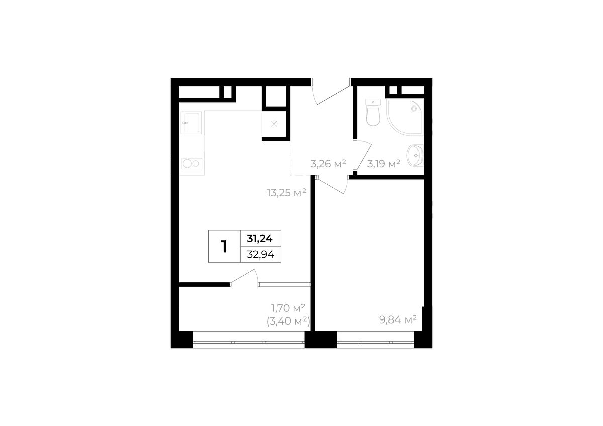 1-к, 31.24 м² · Солнечный