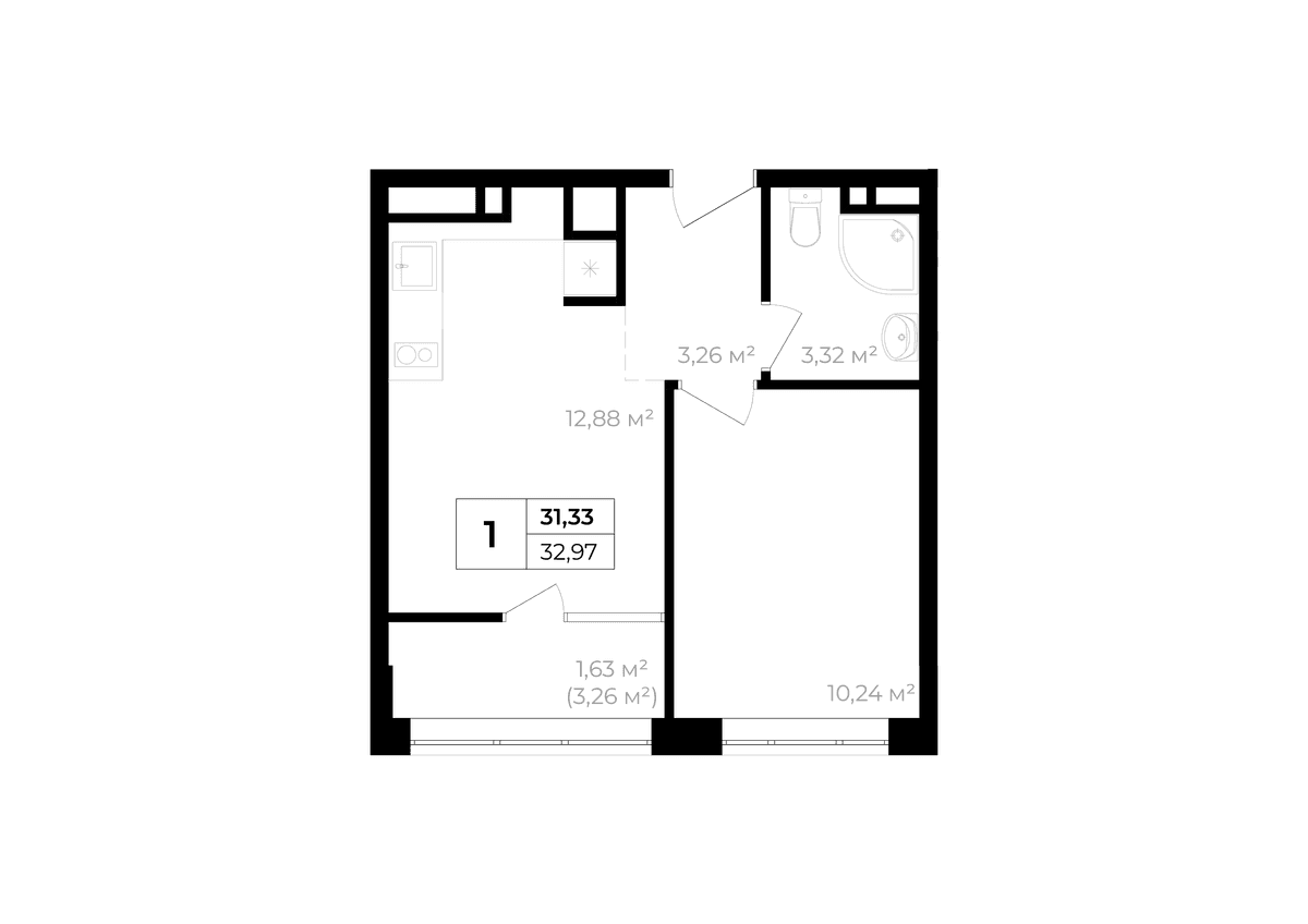 1-к, 31.33 м² · Солнечный
