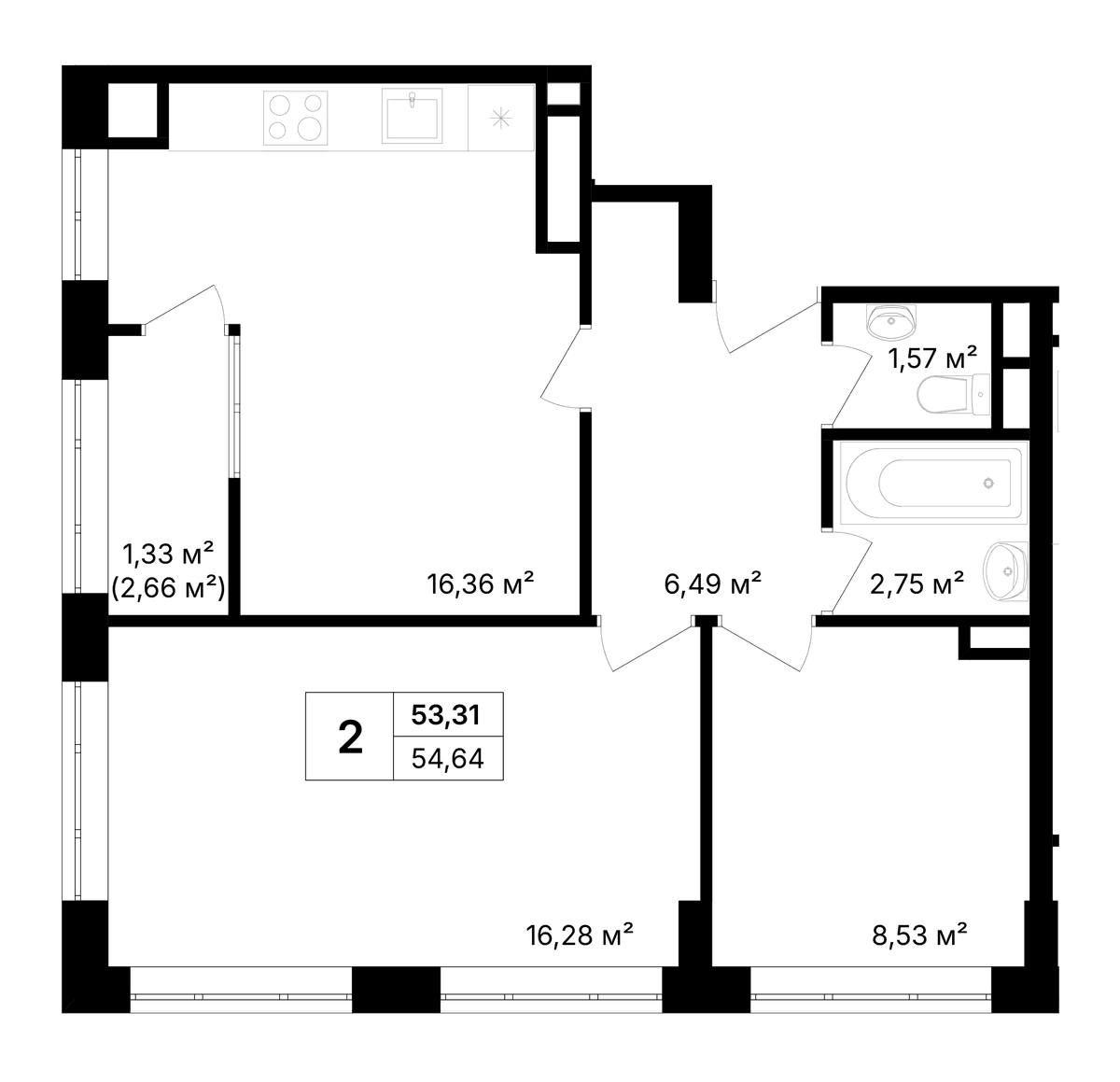 2-к, 53.31 м² · Солнечный