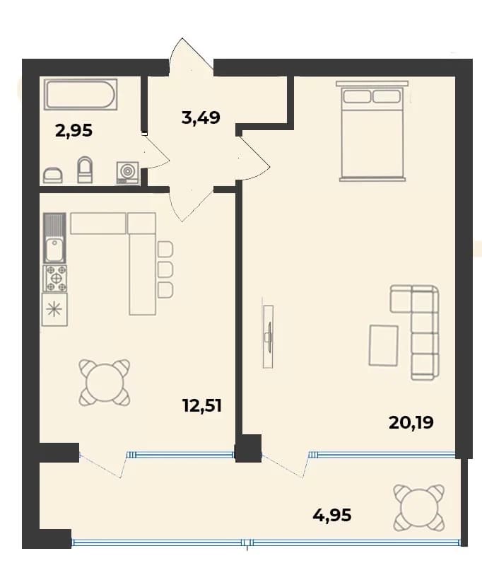 1-к, 44.4 м² · Аквамарин Парк