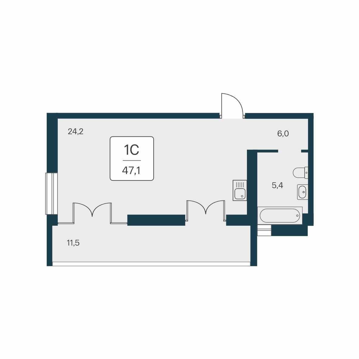 Студия, 47.1 м² · Вилла Маяк