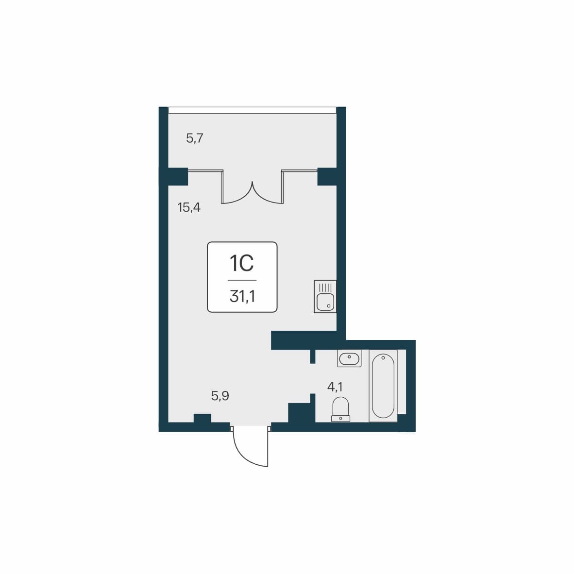 Студия, 31.1 м² · Вилла Маяк