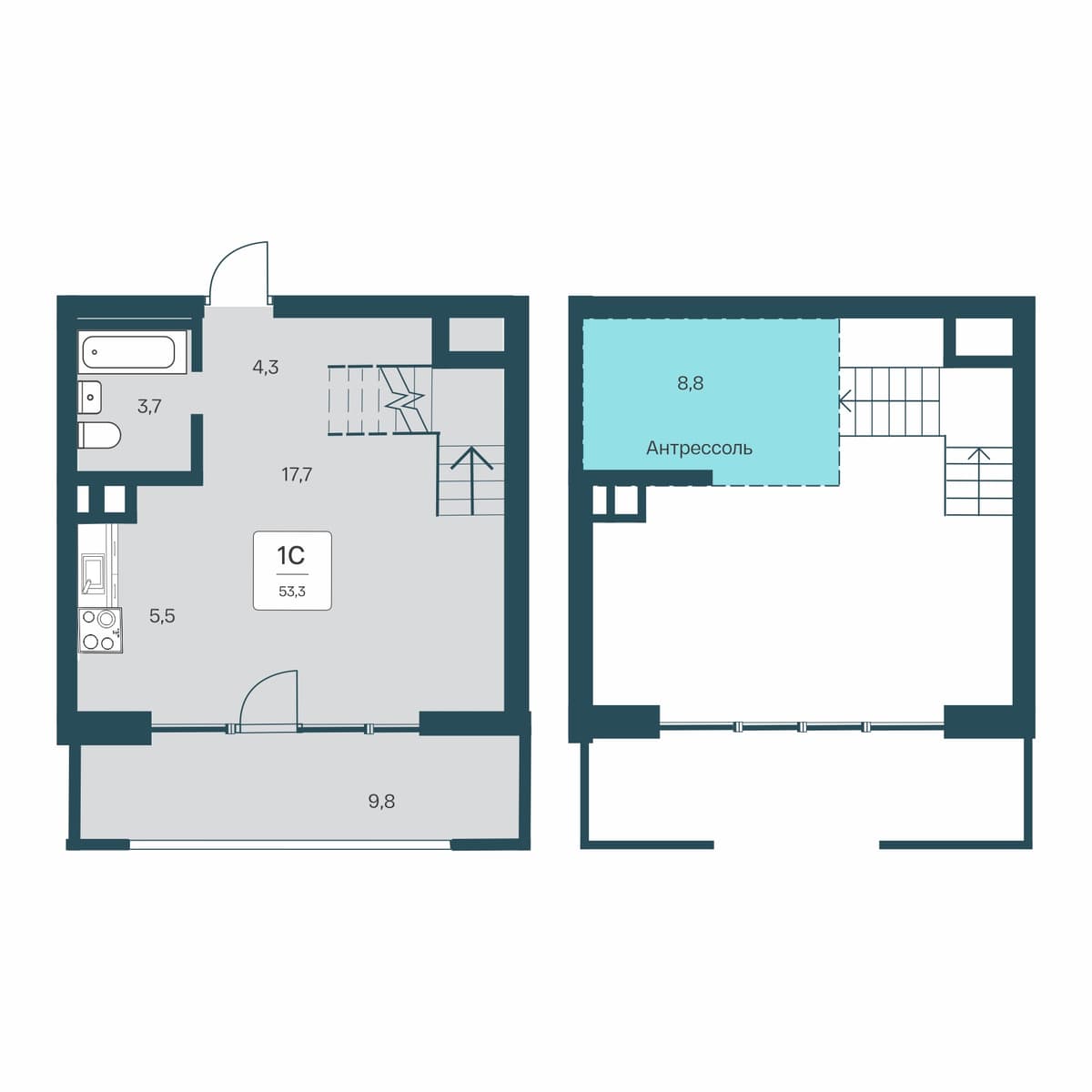 Студия, 53.3 м² · Расцветай Первоцвет
