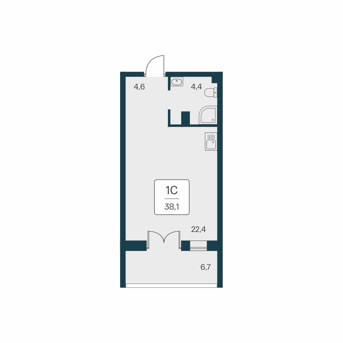 Студия, 38.1 м² · Вилла Маяк