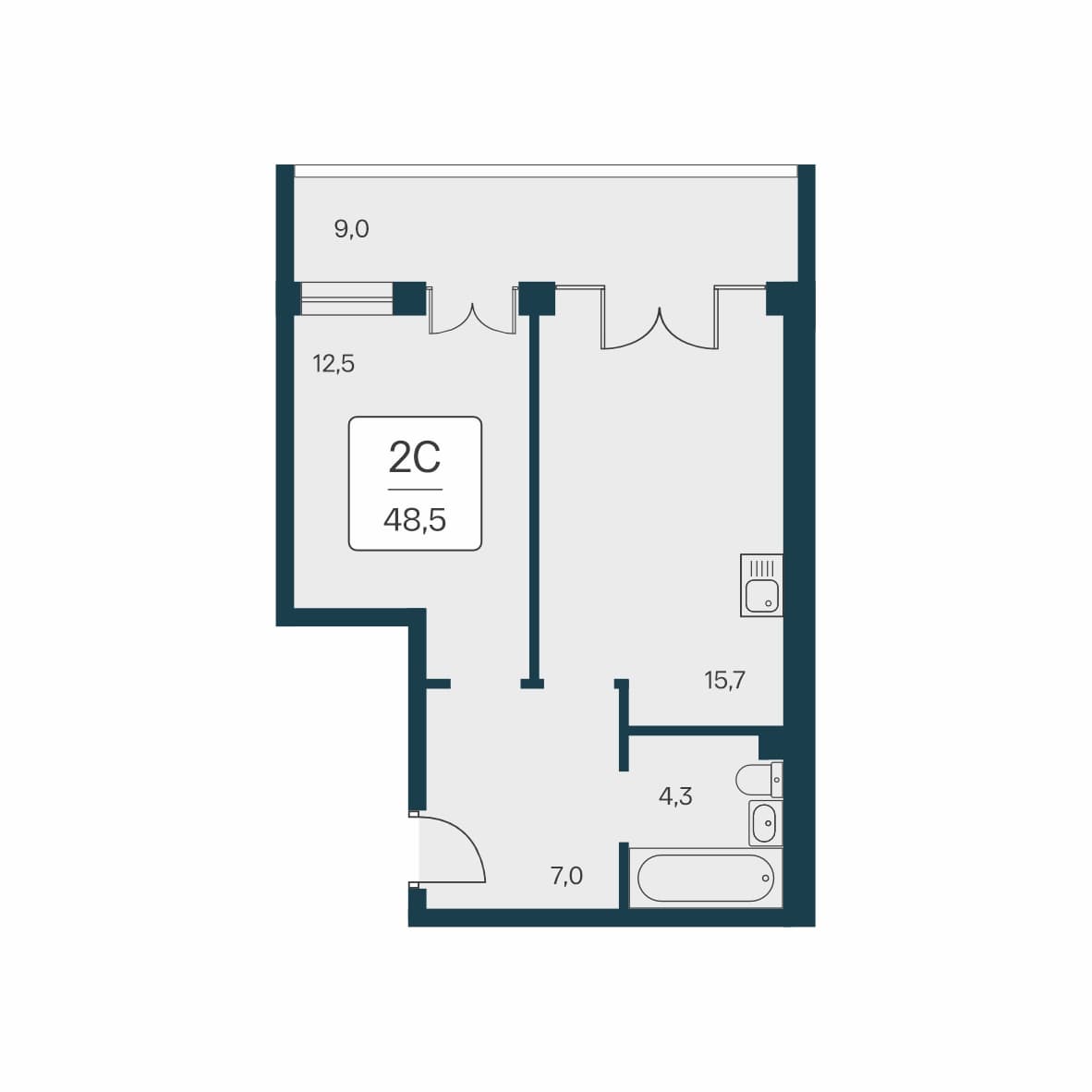 2-к, 48.5 м² · Вилла Маяк
