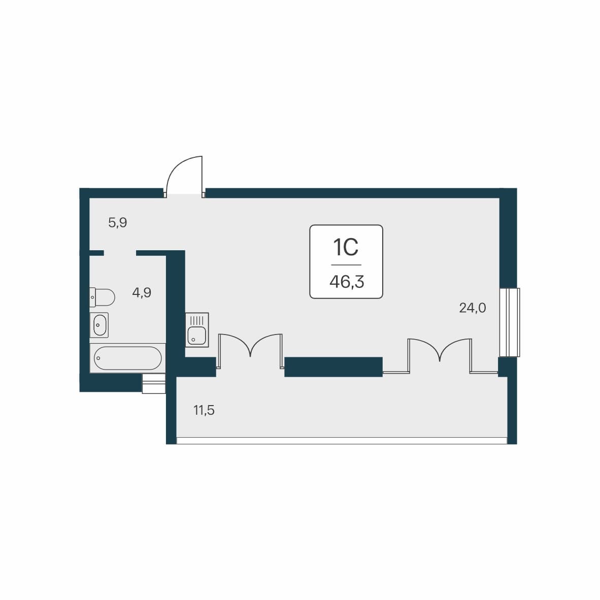 Студия, 46.3 м² · Вилла Маяк