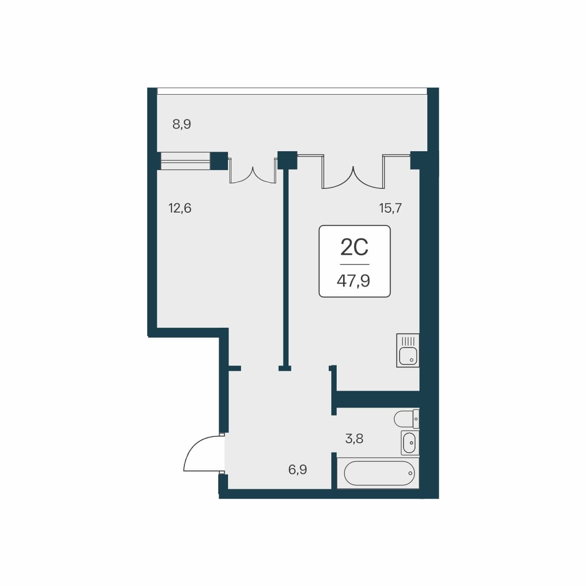 2-к, 47.9 м² · Вилла Маяк