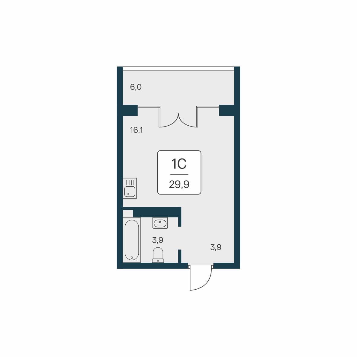 Студия, 29.9 м² · Вилла Маяк