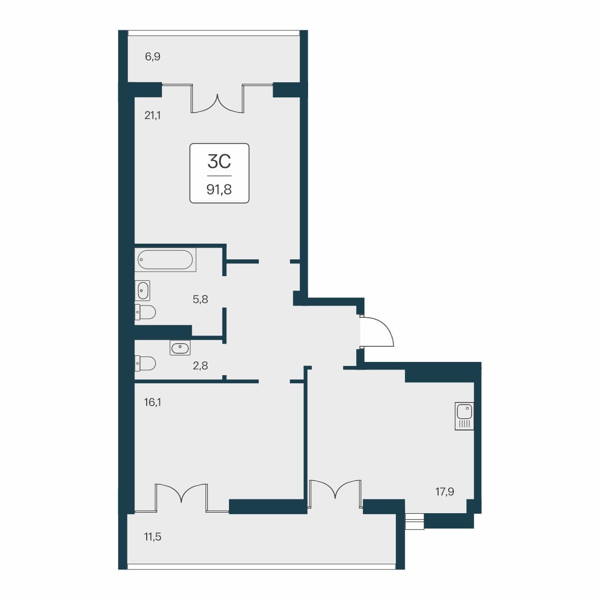 3-к, 91.8 м² · Вилла Маяк