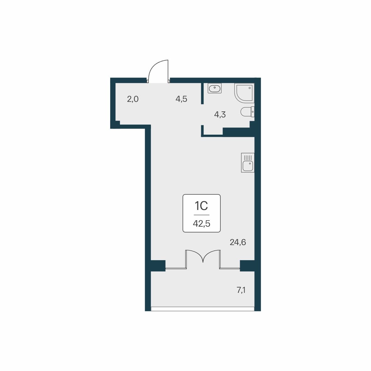 Студия, 42.5 м² · Вилла Маяк